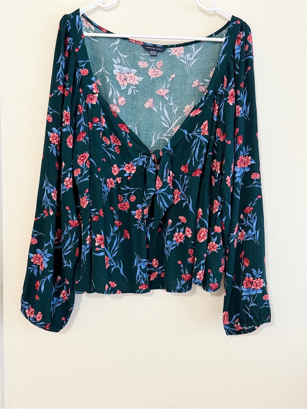 American Eagle Deep Green Floral Tie Front Peplum Blouse | XXL